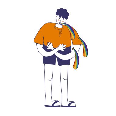 Genç adam hasta. Adam zehirlenmeden kusuyor. Aşırı ısınma yüzünden kötü. - Evet. Vektör illüstrasyonu, çizgi film tarzında mavi çizgi