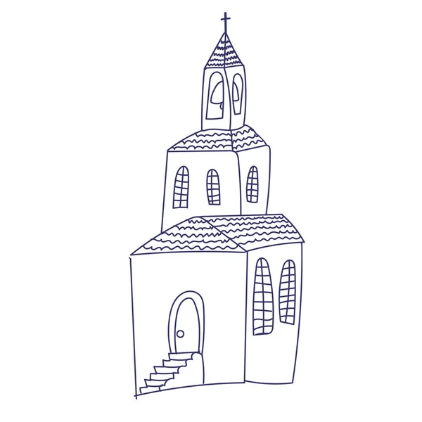 Kézzel rajzolt firka Keresztény épület templom ikon katolikus kereszt Vektor illusztráció vázlatos hagyományos szimbólum Aranyos rajzfilm vallási fogalom elem — Stock Vector