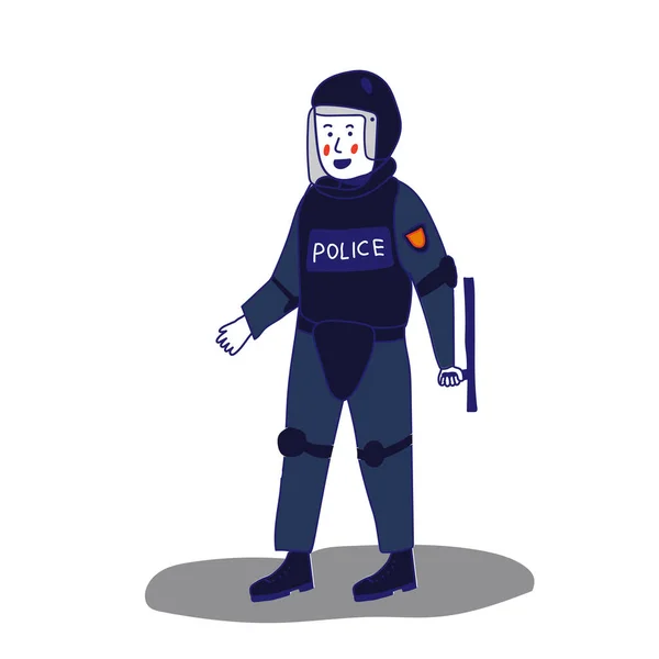 Policial Uniformizado Com Escudo Bastão Fundo Branco Estilo Cartoon Ilustração — Vetor de Stock