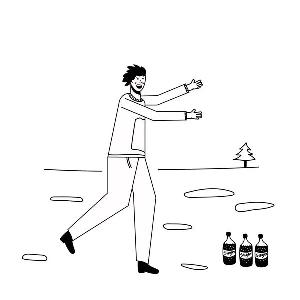 Natriumverslaving Concept Illustratie Man Rent Naar Frisdrankflessen Een Ongezonde Levensstijl — Stockvector