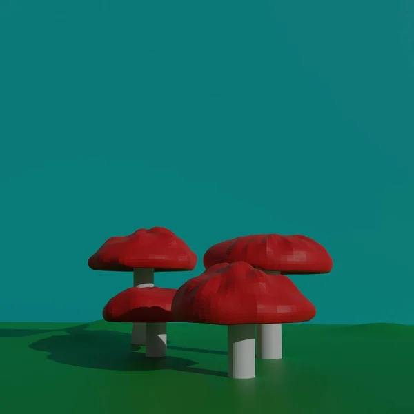 Renderizar Cogumelos Ilustrado Estilo Tridimensional Cogumelos Com Bonés Vermelhos — Fotografia de Stock