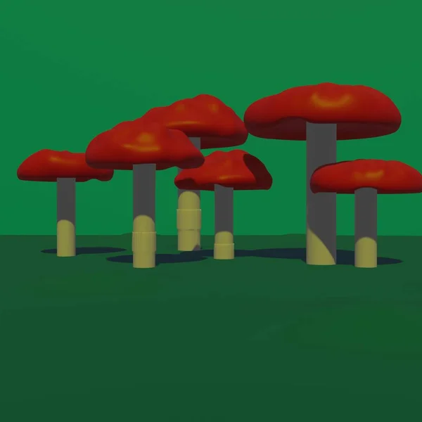 制作3D蘑菇 以三维风格进行了说明 有红帽的蘑菇 — 图库照片