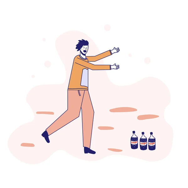 Illustrazione Del Concetto Dipendenza Soda Uomo Corre Alle Bottiglie Soda — Vettoriale Stock