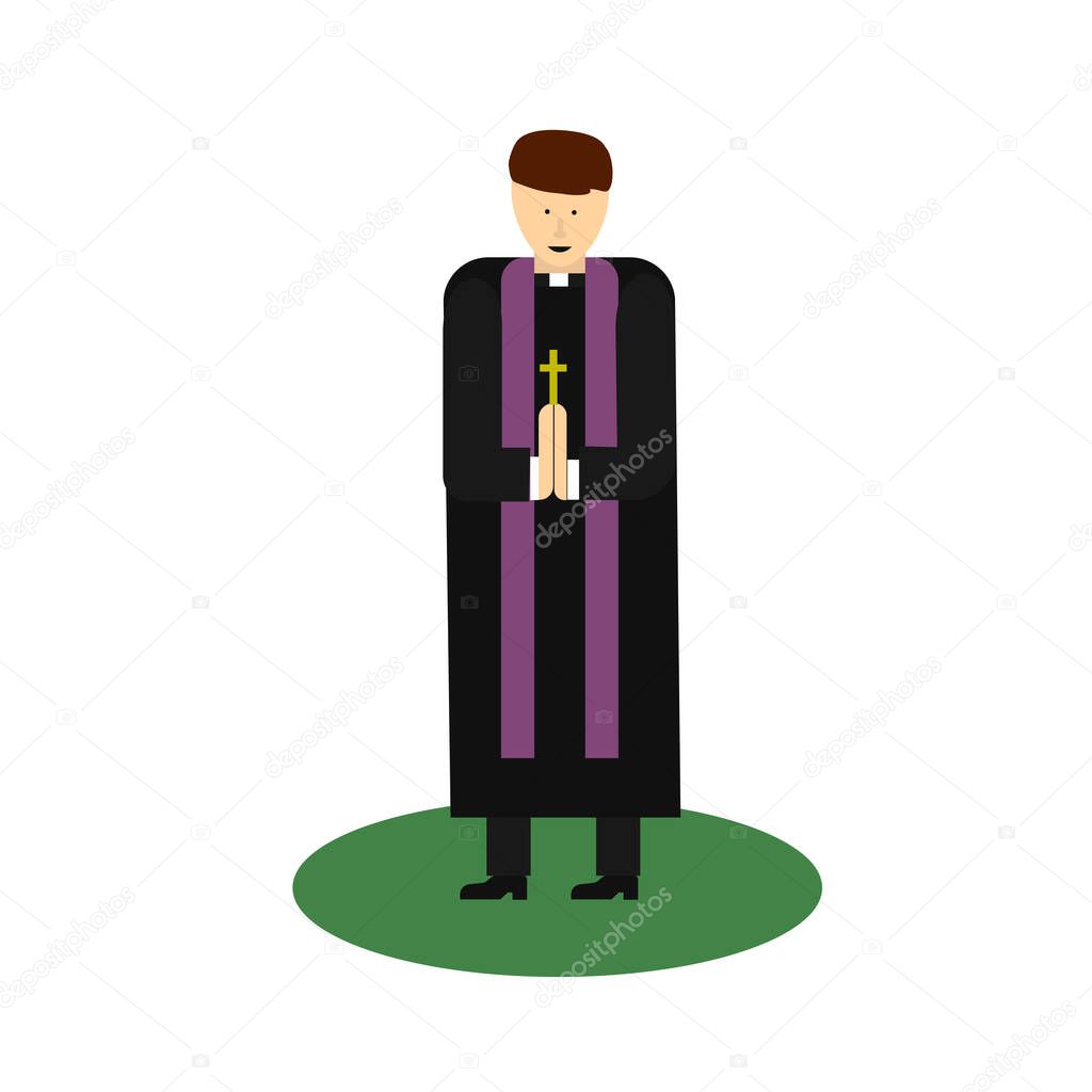 Catholic priest. Pastor reads prayer, holds cross, bible and gospel, bless parishioners. Flat vector cartoon illustration. Objects isolated on a white background