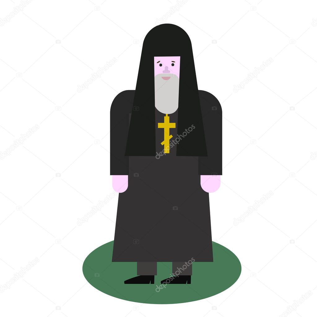Catholic priest. Pastor reads prayer, holds cross, bible and gospel, bless parishioners. Flat vector cartoon illustration. Objects isolated on a white background