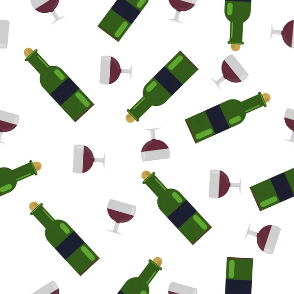 Padrão sem costura.Um copo de vinho e uma garrafa verde. com vinho de uva. ilustração vetorial em estilo plano —  Vetores de Stock