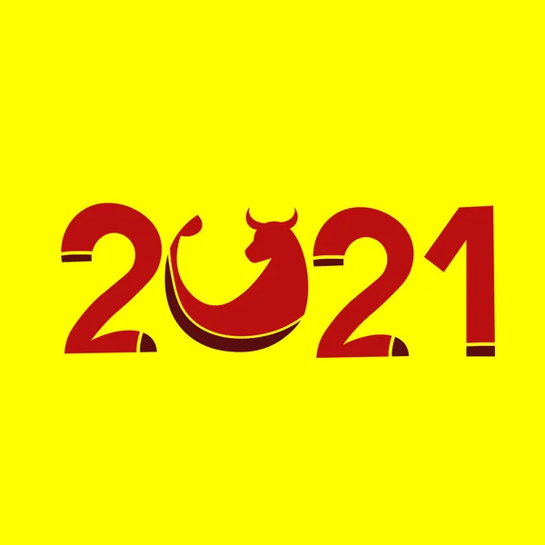 Feliz Año Nuevo 2021. Año del toro. Postal con letras rojas sobre fondo amarillo. — Archivo Imágenes Vectoriales