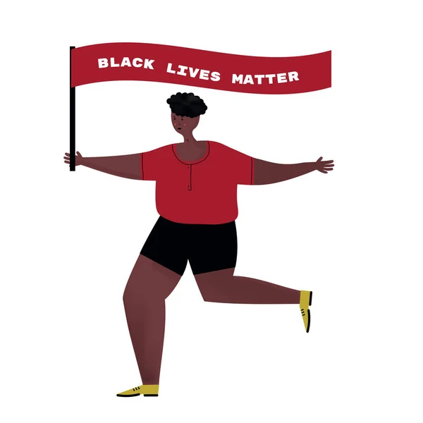 Afro-Amerikaanse man met vlag Black Lives Matter.Protest action guy.Cartoon karakter geïsoleerd op witte achtergrond vector platte illustratie. — Stockvector