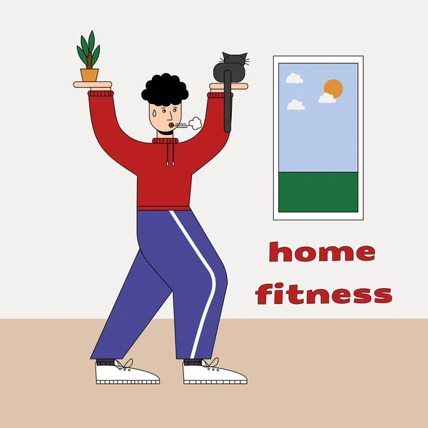 Homme avec des chats faisant de la gymnastique à la maison, bande dessinée de motivation de remise en forme humoristique, personnage faisant des exercices à l'intérieur. Cauchois est assis sur la paume au lieu d'une kettlebell. — Image vectorielle