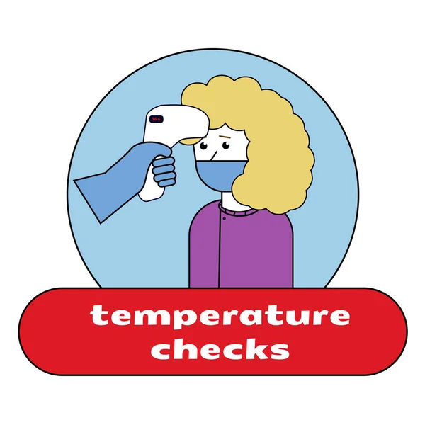 Γυναίκα μέτρηση της θερμοκρασίας του σώματος και φορώντας μάσκα προσώπου, COVID-19 εικόνα. Έλεγχος θερμοκρασίας — Διανυσματικό Αρχείο