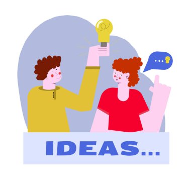 Bir adam ve bir kadın bir proje üzerinde birlikte çalışıyorlar. Adam bir fikirle gelir ve kadın onu rafine eder. Kötü fikir ve eleştiri. Çizgi film karakterlerinin düz biçimdeki vektör illüstrasyonu.