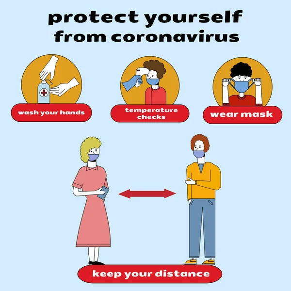 Memo über Maßnahmen zum Schutz vor Coronavirus. und schützende Covid19-Symbole. auf blauem Hintergrund. — Stockvektor