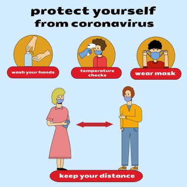 Coronavirus 'a karşı korunma önlemleri hakkında not. Ve koruyucu covid19 simgeleri. mavi arkaplanda.