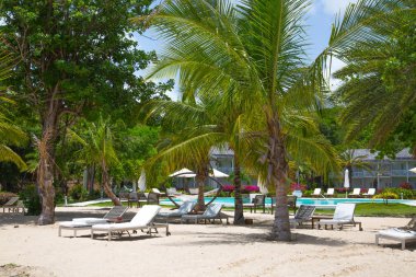 Antigua, Karayip Adaları-20 Mayıs, 2019: Galeon plajında Ingilizce liman manzarası kumlu plaj, şezlong ve şemsiyeler ile ücretsiz adam Bay