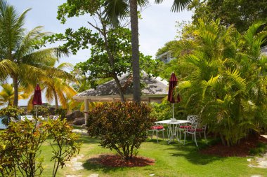 Antigua, Karayip Adaları-20 Mayıs, 2019: Ingilizce Harbour Hotel, Galeon plaj, şezlong ve şemsiye temiz havuz