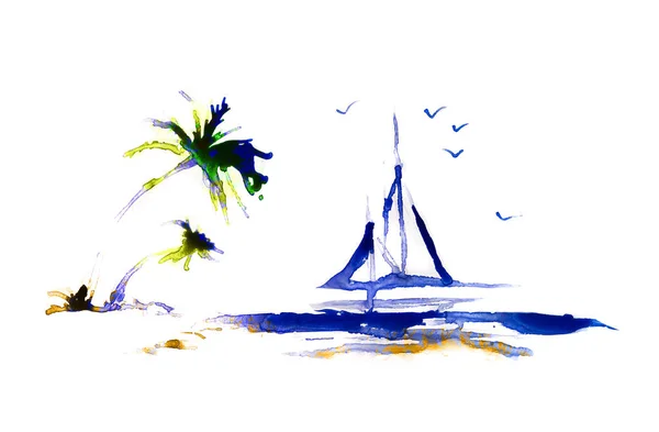Palmträd Stranden Och Segelbåt Abstrakt Bakgrund Gjord Akvarell Med Plats — Stockfoto