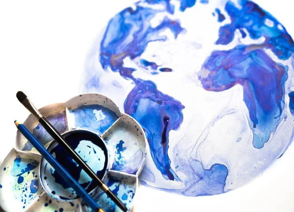 Abstract Globe, brushes and palette, Watercolour textured collection.