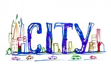 Gökdelenler ile güzel modern kent road, suluboya etkileri illüstrasyon yaptı. Dokulu suluboya koleksiyonu.