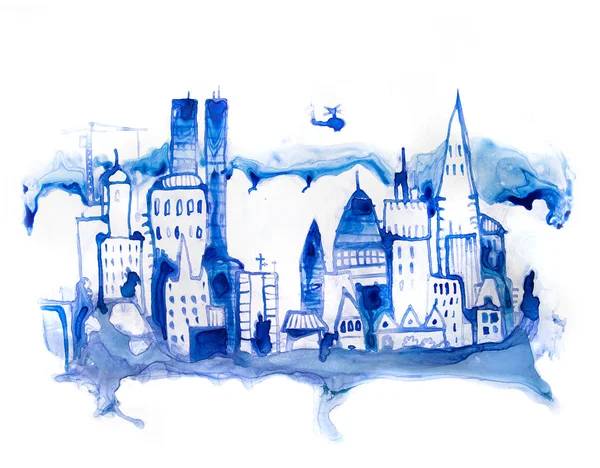 Drogi Piękne Nowoczesne Miasto Wieżowcami Ilustracja Wykonana Efektów Akwareli Akwarela — Zdjęcie stockowe