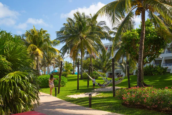 Meksika, Cancun - 15 Şubat 2018: Meksika'nın güzel doğası. Cancun Grand Pyramid eğlence kompleksi Palmiye parkı