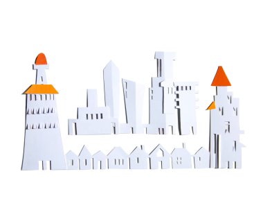 Modern Şehir, gökdelenler ve şehir evleri. Emlak ve ev satın alma konsepti. Kağıt kesim tasarım arka planı.