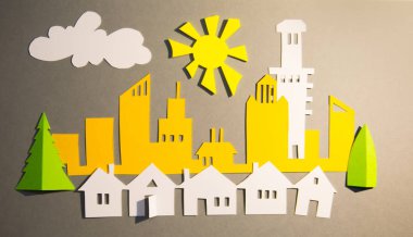 Modern Şehir, gökdelenler ve şehir evleri. Emlak ve ev satın alma konsepti. Kağıt kesim tasarım arka planı.