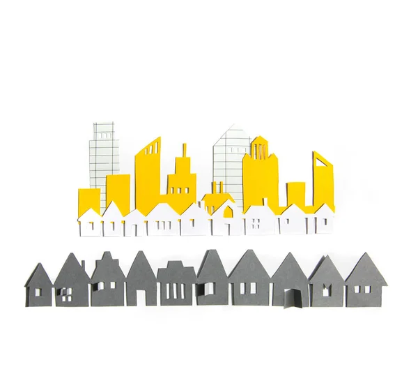 近代的な都市 超高層ビルやタウンハウス 不動産と住宅購入の概念 ペーパーカットデザインの背景 — ストック写真