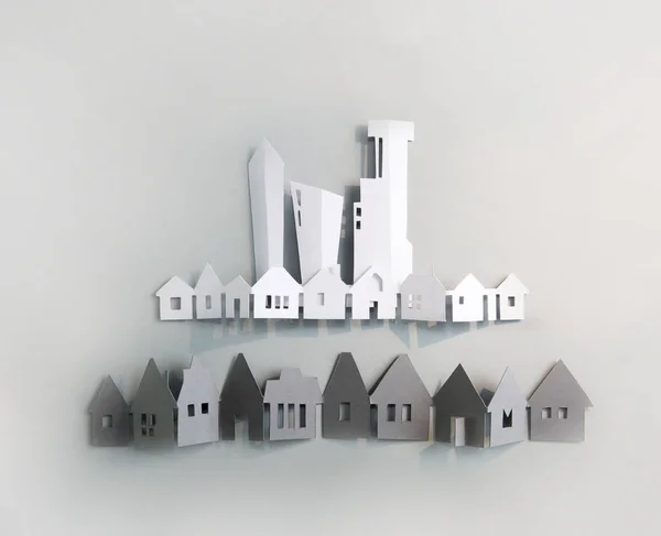 现代城市 摩天大楼和联排别墅 物业和购房概念 剪纸设计背景 — 图库照片