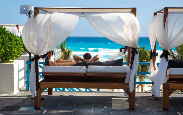 Mexico Cancun February 2018 Sun Beds Facing Caribbean Sea Grand Royalty Free Stock Photos