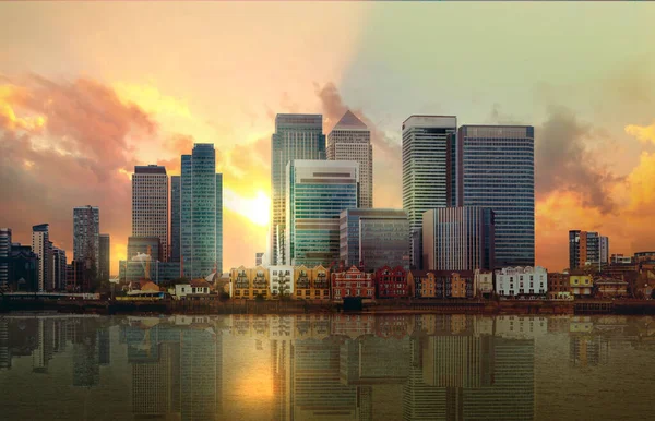London View Sunset Panorama Include River Thames Canary Wharf Buildings — Stock Photo, Image