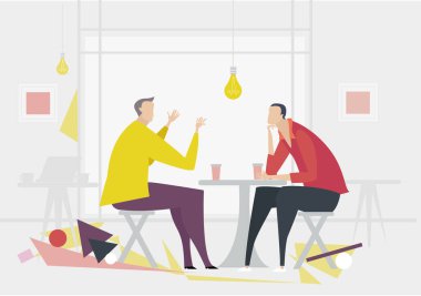 Genç yaratıcı insanlar ofiste sohbet ediyorlar. Çalışmak ve birlikte yaşamak kavramı