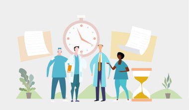 Doktor ve hemşireler hastanede hastalarla konuşuyor. Tıbbi ve sağlık konsepti Illustration