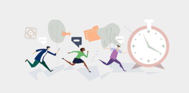 İş adamları, genç yaratıcı insanlar başarıya, profesyonel fırsatlara, finansal büyümeye ve istikrara doğru koşuyorlar. Rekabetçi iş hayatı konsepti çizimi.   