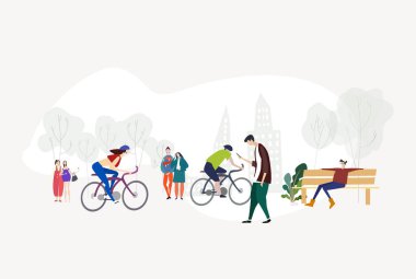 Parkta mutlu insanlar, dinleniyorlar, dinleniyorlar, konuşuyorlar, eğleniyorlar, doğanın ve arkadaşların tadını çıkarıyorlar. Genç yaratıcı insanlar konuşuyor. Gençler hayatın tadını çıkarıyor. Düz tasarım çizimi. 