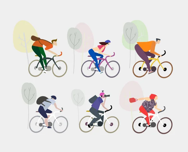 市内や公園で自転車に乗る都市の人々 環境イラスト 健康的なライフスタイル 現代生活 仕事への通勤 イラスト集 アクティブな人々 — ストック写真