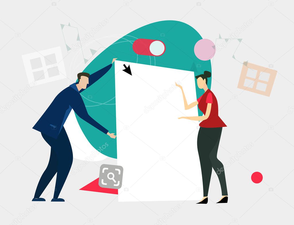 Business people working together, placing the banners for text, mowing chart and growth bars, discussion the deals,  talking, supporting and helping to start up a new business. Concept illustration 