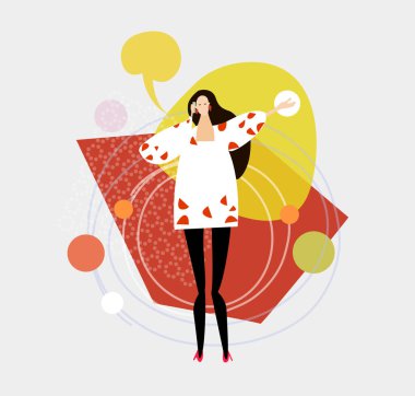 Mobil cihazla konuşan genç bir kadın. Çalışmak ve birlikte yaşamak kavramı