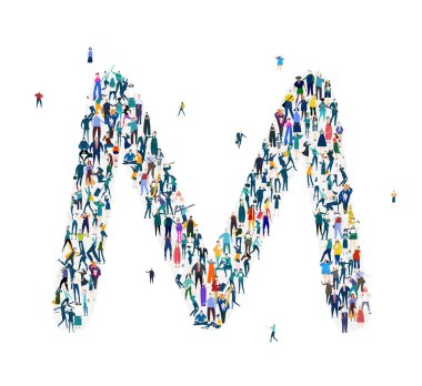 Alfabe, yazı tipi, M harfi. İşadamları, işçiler, aile üyeleri ve öğrencilerden oluşan büyük bir grup M harfi ile küçük meşgul insanlardan oluşan ikonlar derlemesi oluşturuldu..