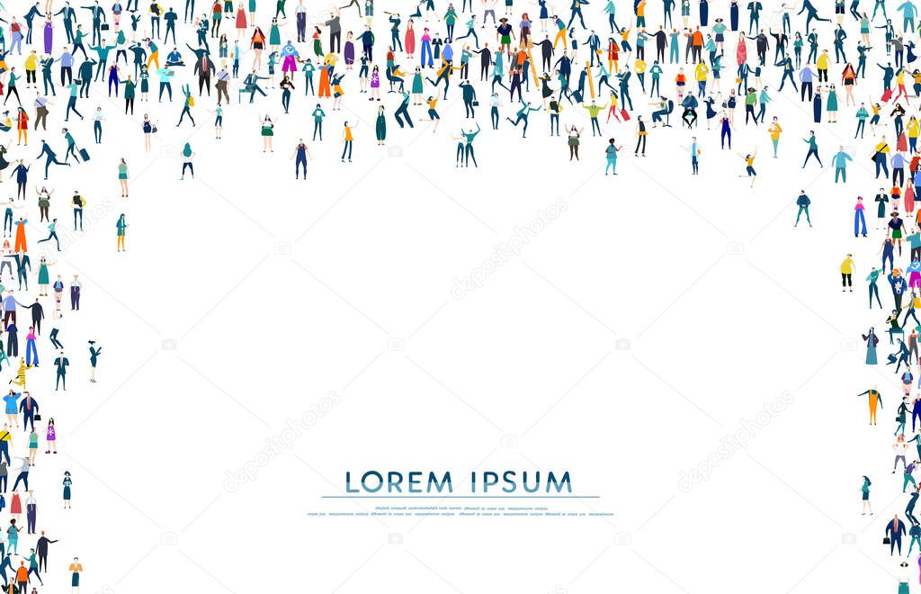 Background with  lots of  many little people. Large group of business people, workers, family members and students. Collection of icons made of little busy people with spate for text.