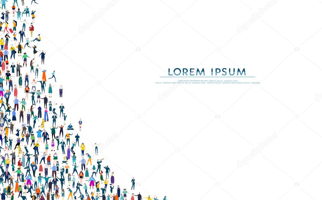 Background with  lots of  many little people. Large group of business people, workers, family members and students. Collection of icons made of little busy people with spate for text.