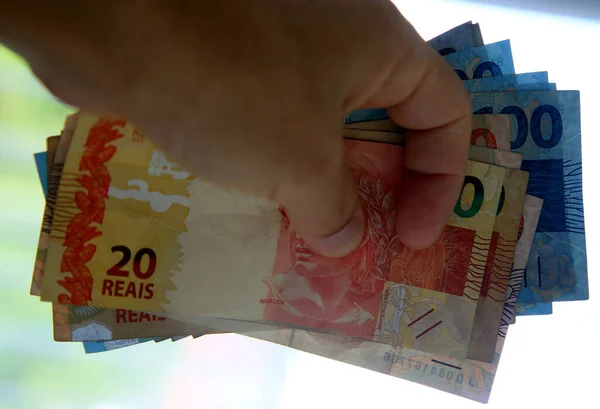 Salvador Bahia Brazil March 2020 Hand Holds Banknotes Real Banknotes — стокове фото