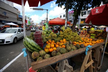 Salvador, Bahia / Brezilya - 3 Mayıs 2019: Salvador 'un Cajazeiras semtinde sokak ticaretinde meyve satışı