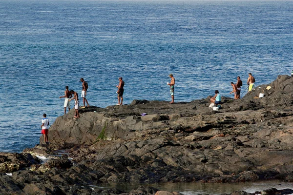 Salvador Bahia Brazil April 2013 Рибалки Можна Побачити Скелі Пляжі — стокове фото