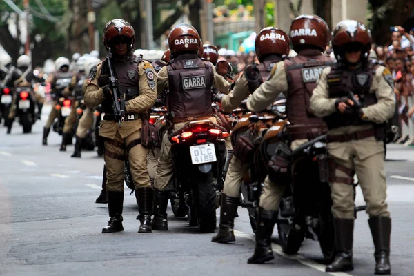 Salvador Bahia Brazilský Září 2014 Motocyklisté Policia Militar Bahia Jsou — Stock fotografie