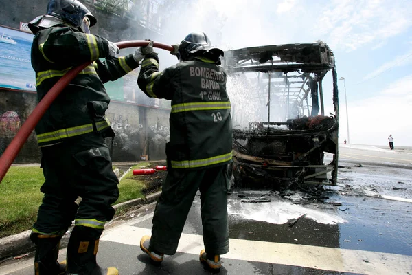 Salvador Bahia Brasil Dezembro 2014 Integrantes Brigada Bombeiros Extinguem Incêndio — Fotografia de Stock