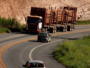 Eunapolis, Bahia / Brezilya - 5 Nisan 2011: Eucalyptus ahşap nakliye arabası Güney Bahia 'daki Eunapolis şehrinde BR 101 karayolunda seyahat ederken görüldü..
