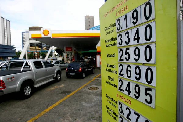 stock image salvador, bahia / brazil - october 8, 2014: plate with fuel prices is seen at the entrance of a gas station in the city of Salvador