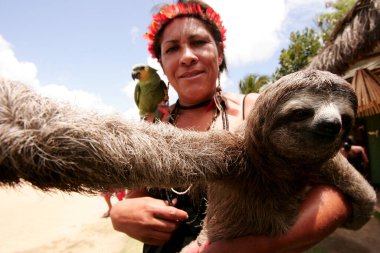 porto Seguro, bahia / brazil - december 20, 2010: india Pataxo is seen holding a sloth during a protest at Aldeia Imbiriba, in the rural area of the city of Porto Seguro, in southern Bahia . clipart