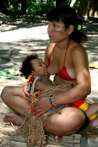 Porto Seguro Bahia Brazil February 2008 India Pataxo Breast Feed — 图库照片