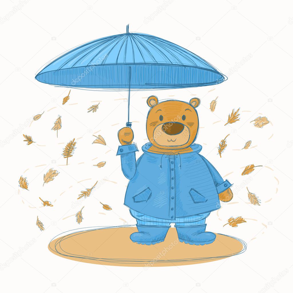 Autumn teddy bear standing with umbrella. Falling leaves, blue raincoat.